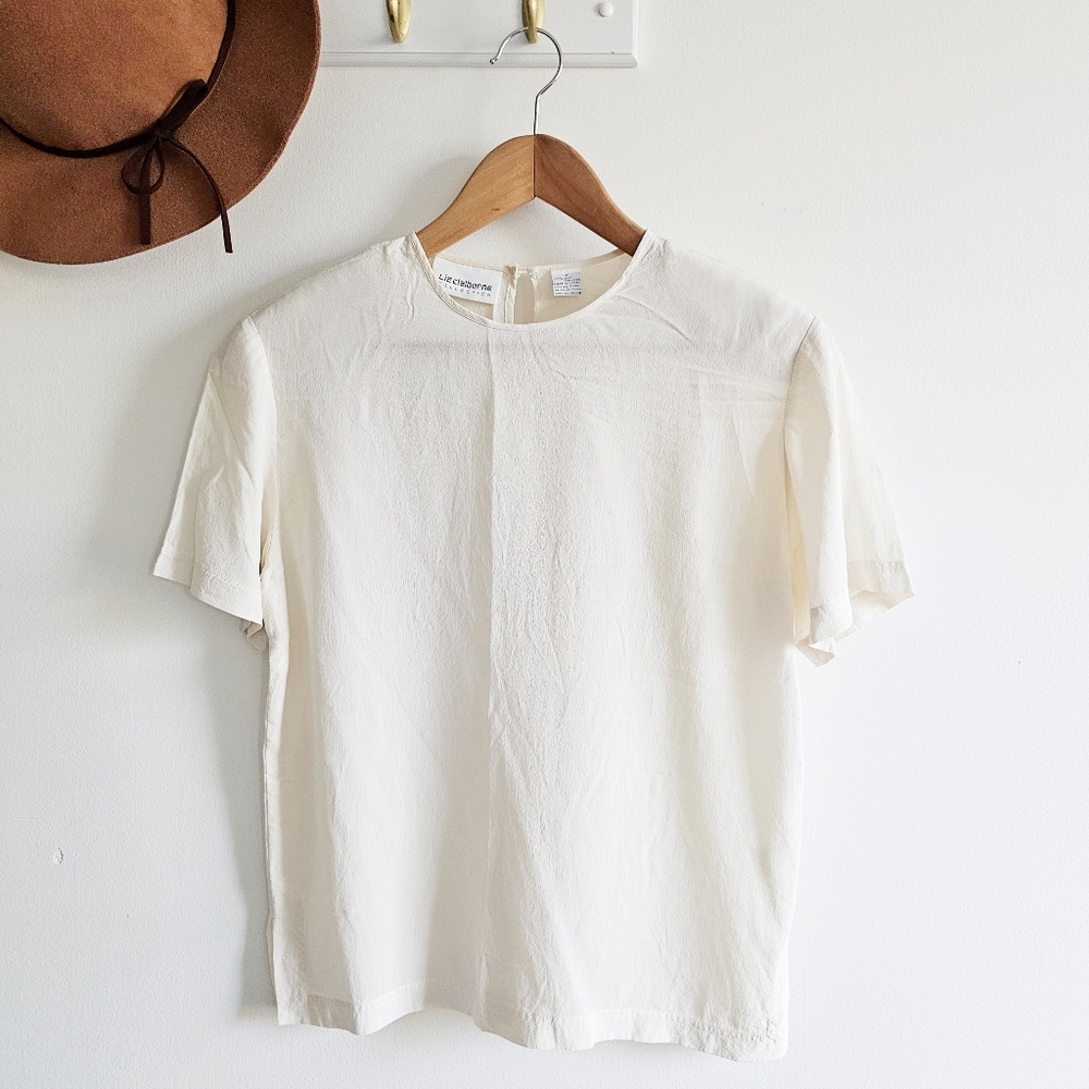 Vintage Raw Silk 90's Liz Claiborne White Butter Blouse Shoulder Pads Size 4